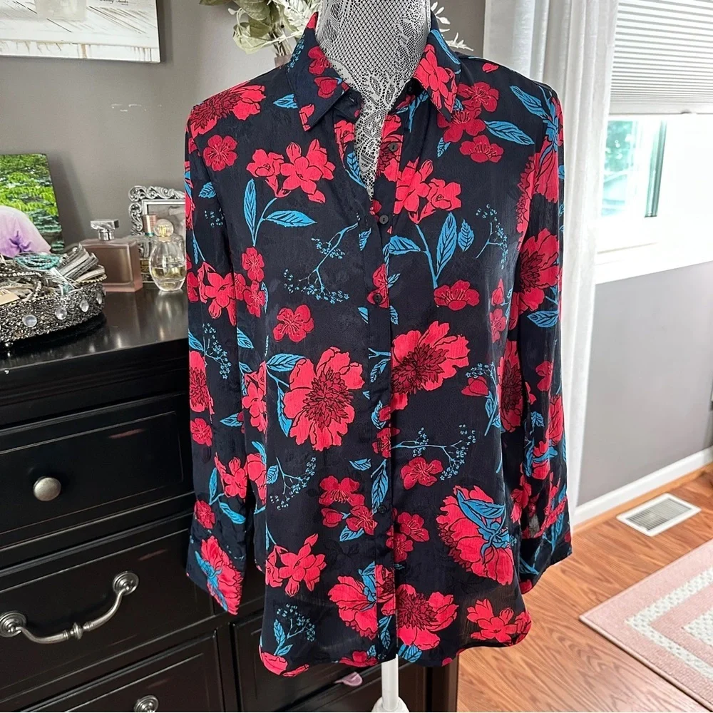 Zara Z1975 Semi-Sheer Maximalist Black Red Blue Bold Floral Blouse Size M - Picture 2 of 16